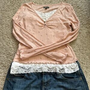 Wild Fable Pink Floral Long Sleeve Lettuve Trim Top